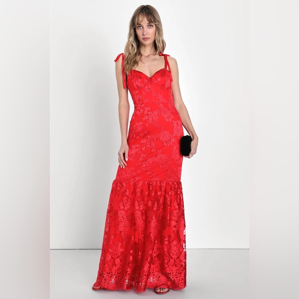 Lulus Dramatic Desires Red Embroidered Bustier Tie-Strap Maxi Dress
